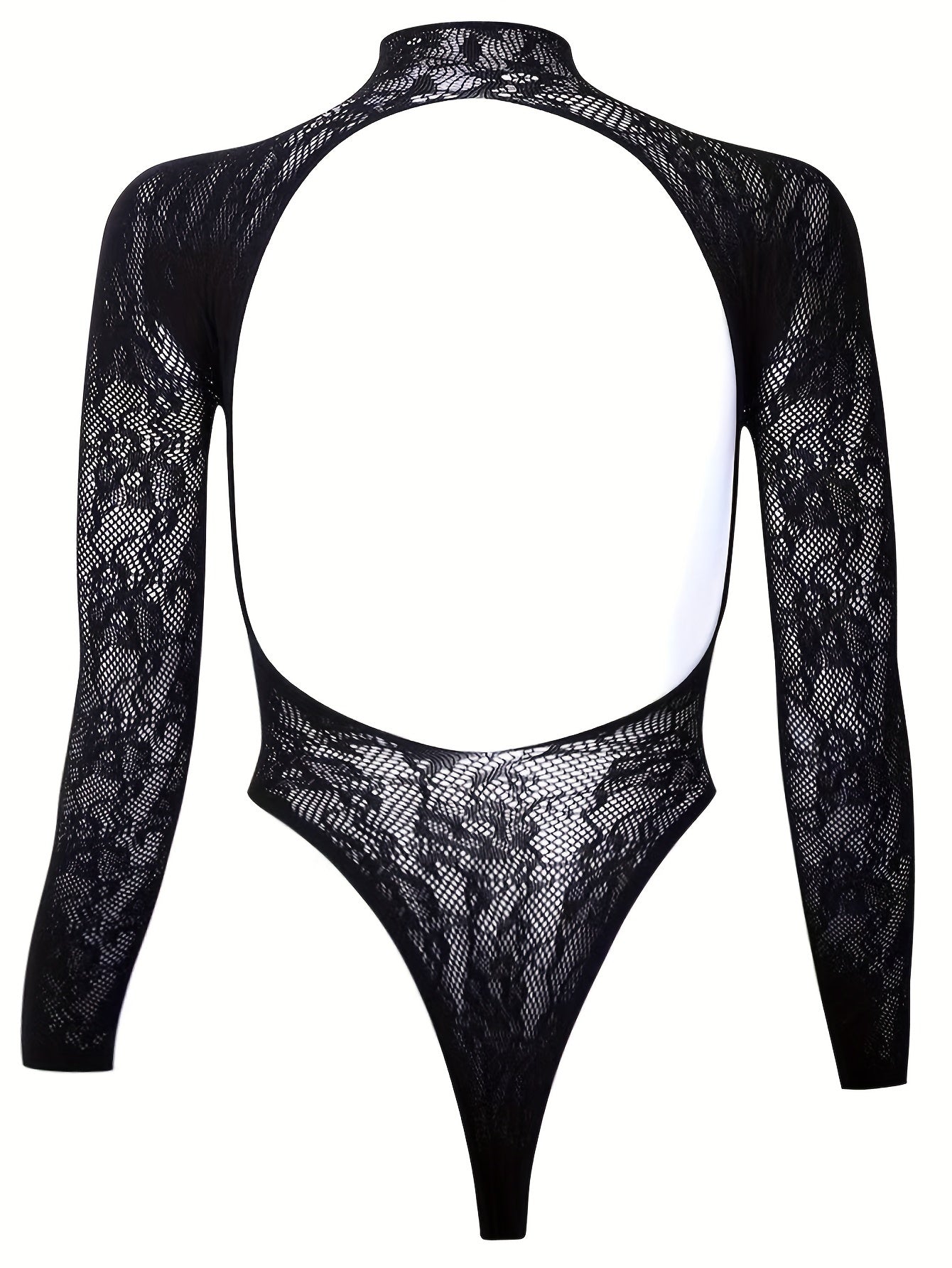 Black Lace Bodysuit for Women with Fishnet Details and High Neck