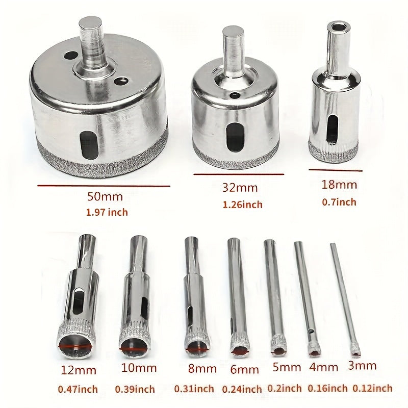 Set of 10 Diamond-Coated Drill Bits for Marble Glass Ceramic Porcelain