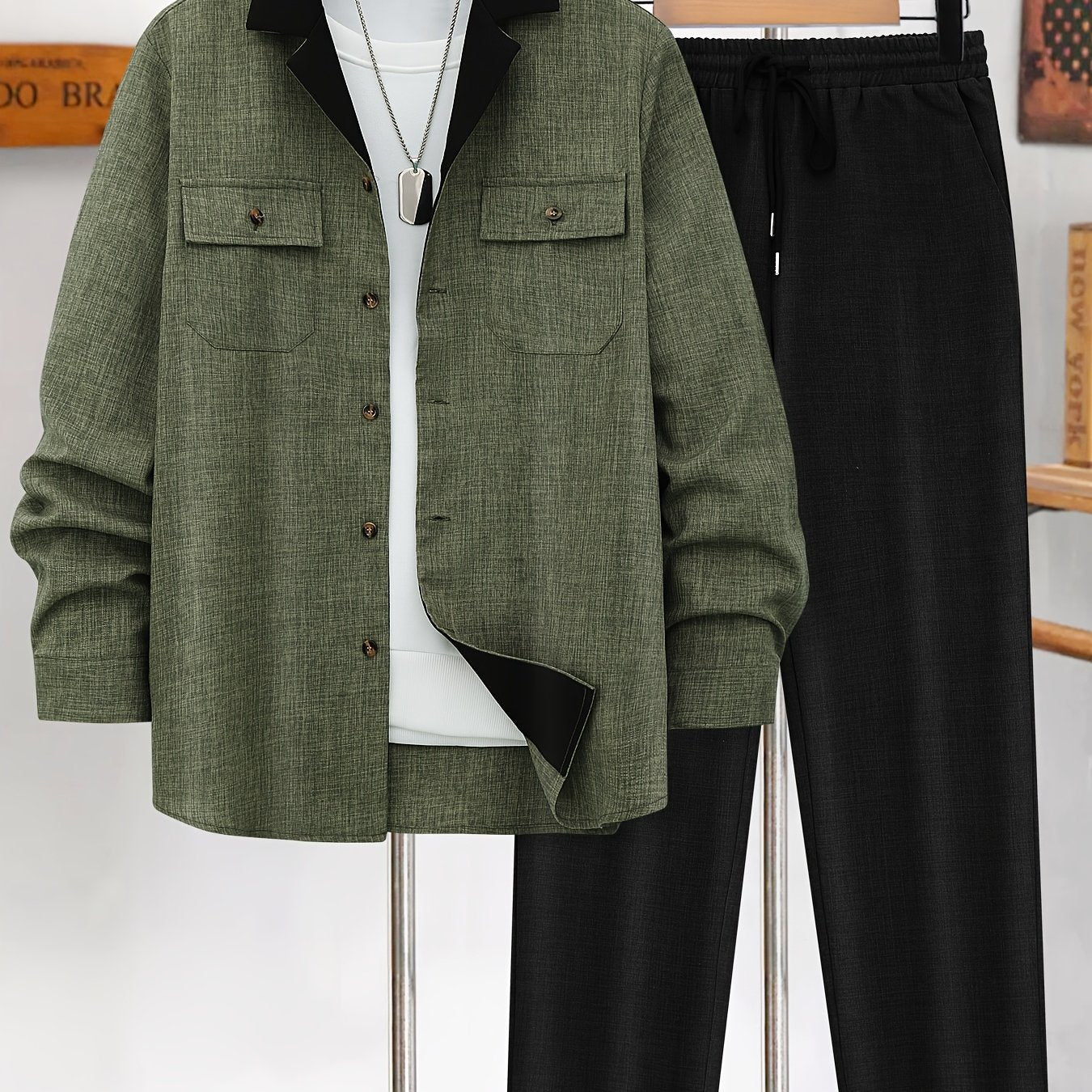 Мужской повседневный костюм из легкого полиэстера, брюки и рубашка с длинными рукавами