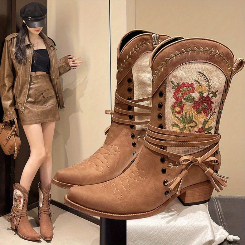 Women’s Ankle Boots Faux Leather Floral Embroidery Pointed Toe Mid-Heel All-Season