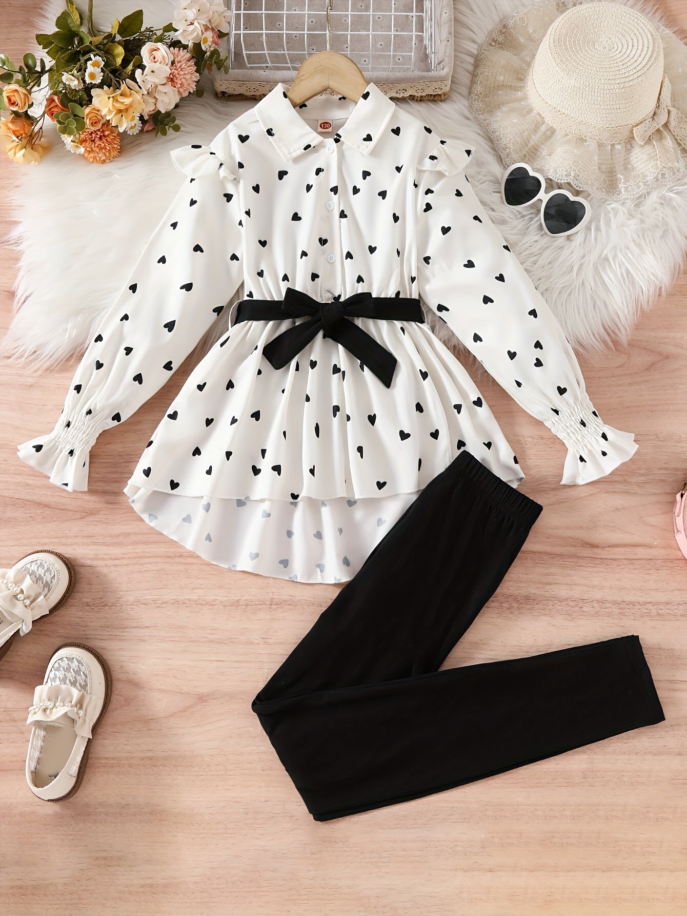 Girls' 2-Piece Set Heart Print Top and Solid Pants Spring Fall Machine Washable Outdoor