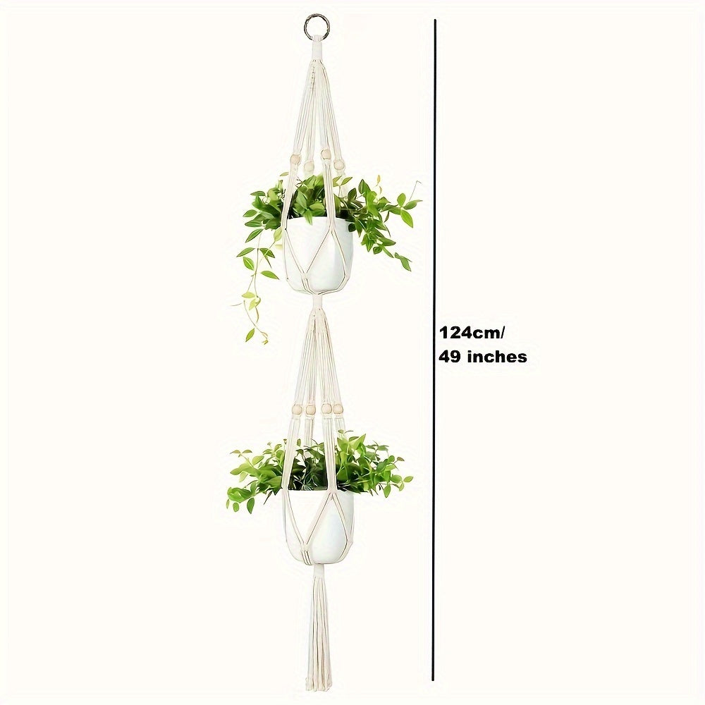 Macrame Double Plant Hanger Indoor Outdoor Cotton Bead 2 or 3 Tier 124.46cm 177.8cm