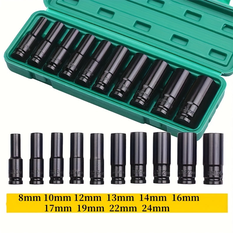 10-Piece Deep Impact Socket Set High-Strength Steel 1/2 Inch Drive for Tire Removal