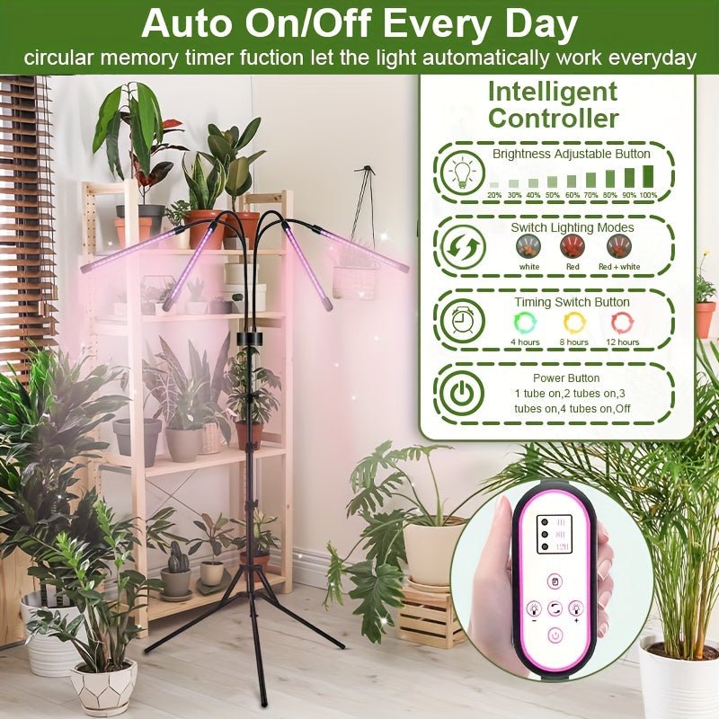 Indoor Plant Grow Light Strip with 80 LEDs, Adjustable Tripod, Dimmable, Timer, USB Powered