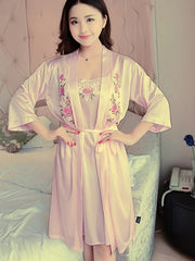 Women's Satin Nightgown Set with Suspenders and Embroidered Solid Color Pajama Sleepwear