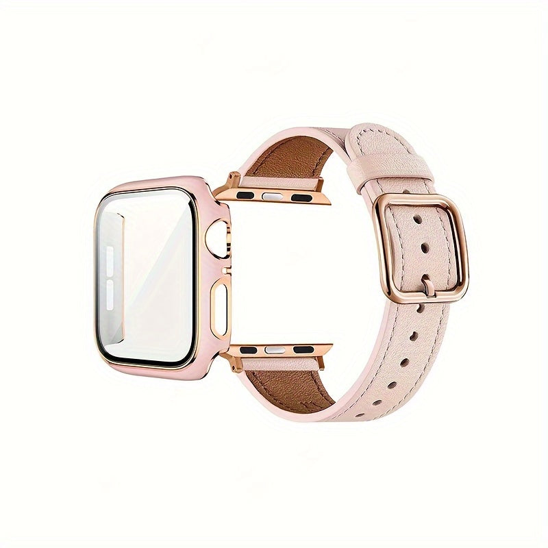 Sun Buckle Two-Color Rose Shell Protective Case for Smartwatch 2-in-1 Synthetic Leather Strap Tempered Glass Frame Compatible with iWatch Ultra Series