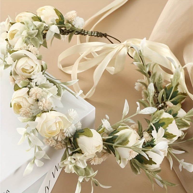 Women's Flower Headband Boho Bridal Wreath Wedding Hair Crown with Ribbon