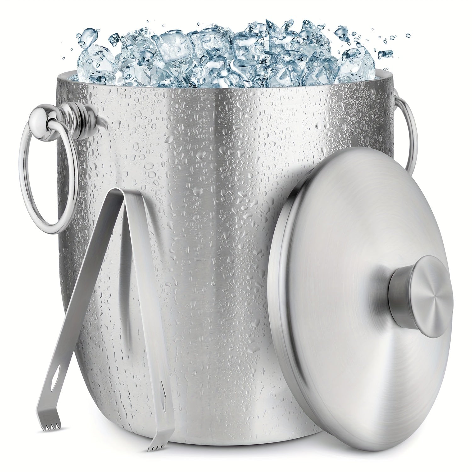 Large 3L Stainless Steel Double-Walled Ice Bucket with Lid and Tongs