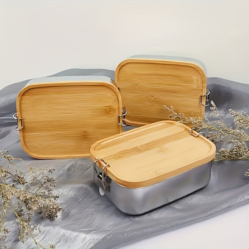 Stainless Steel Bento Box with Bamboo Lid for Lunch and Snacks