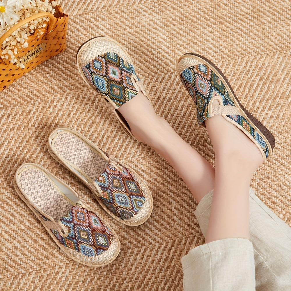 Women's Geometric Print Mules with Colorful Embroidery and Non-Slip Sole