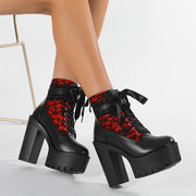 Women's Gothic Lace Patchwork High Heel Ankle Boots All-Season PU Chunky Platform