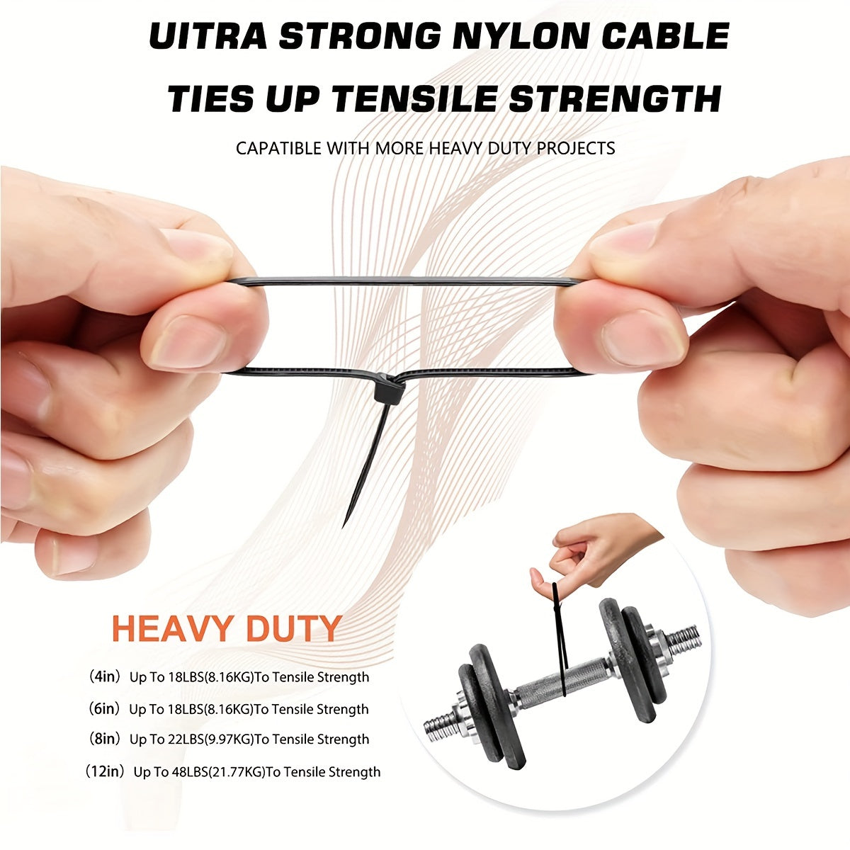 Heavy Duty Black Nylon Cable Ties 10-25cm 22.68kg Tensile Strength Indoor Outdoor