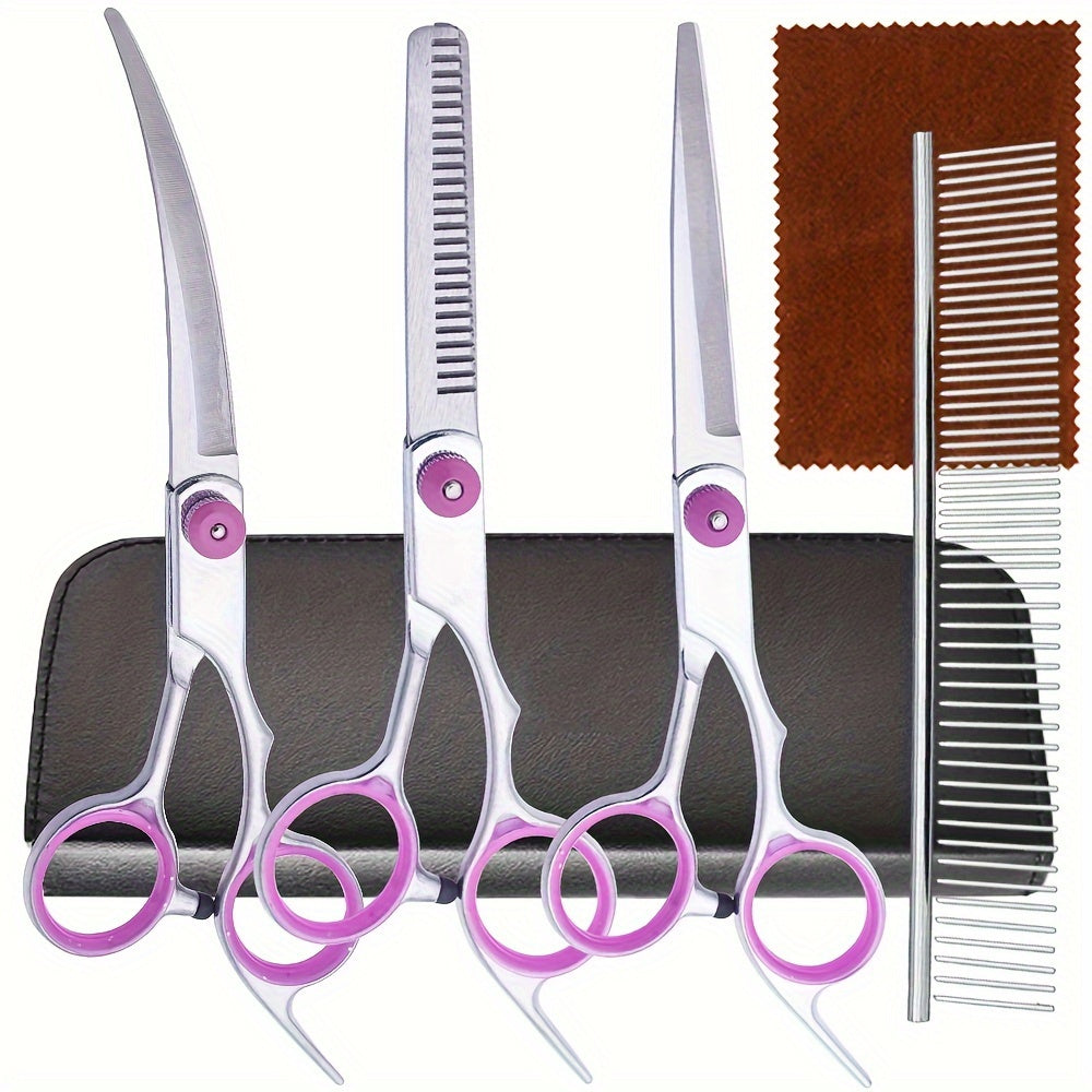 Professional Pet Grooming Kit for Dogs and Cats Stainless Steel 5-in-1 with Curved Shears and Comb