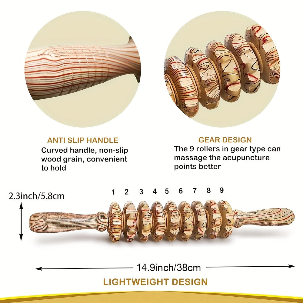 Wooden Handheld Massager with 9 Rollers for Muscle Relief and Wellness