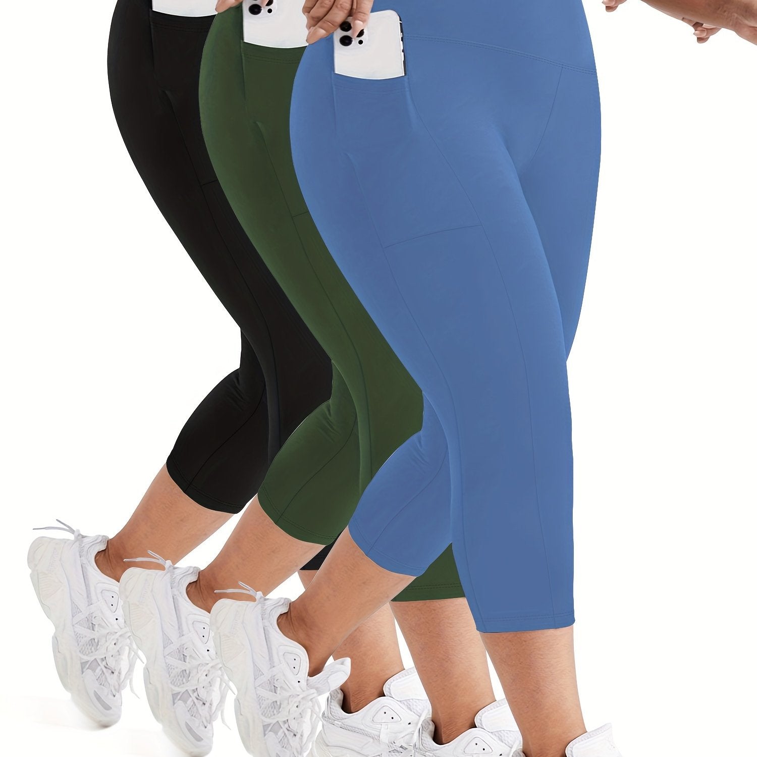 Women's Plus Size High-Waisted Yoga Pants with Pockets Solid Color 3-Pack