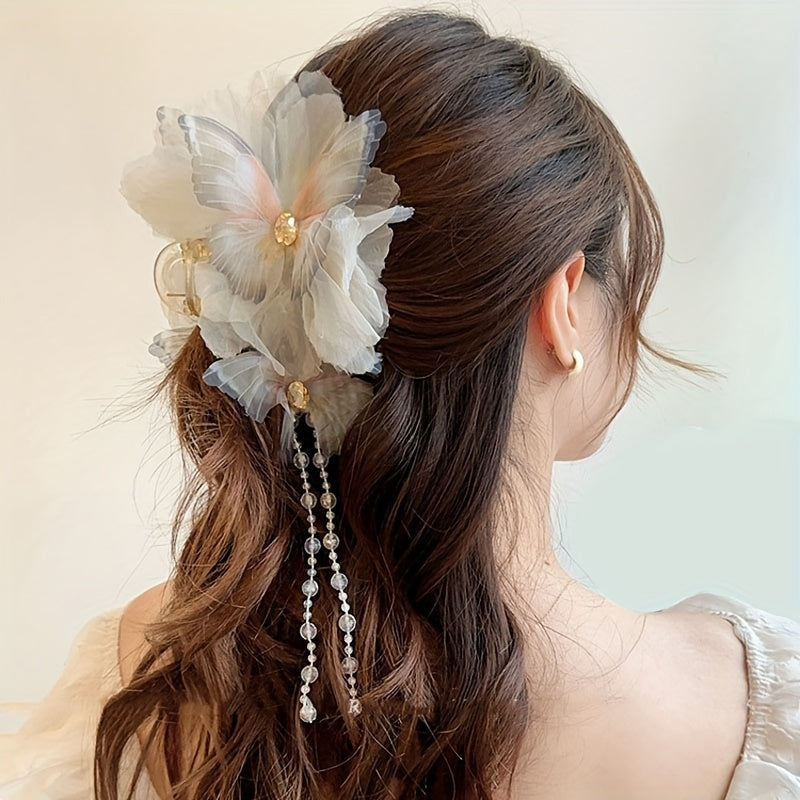 Stylish Blue and White Butterfly Tassel Hair Claw Boho Oversized Shark Clip