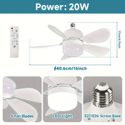 5-Blade LED Ceiling Fan Light E26/E27 Compatible for Kitchen Bedroom Study Bathroom