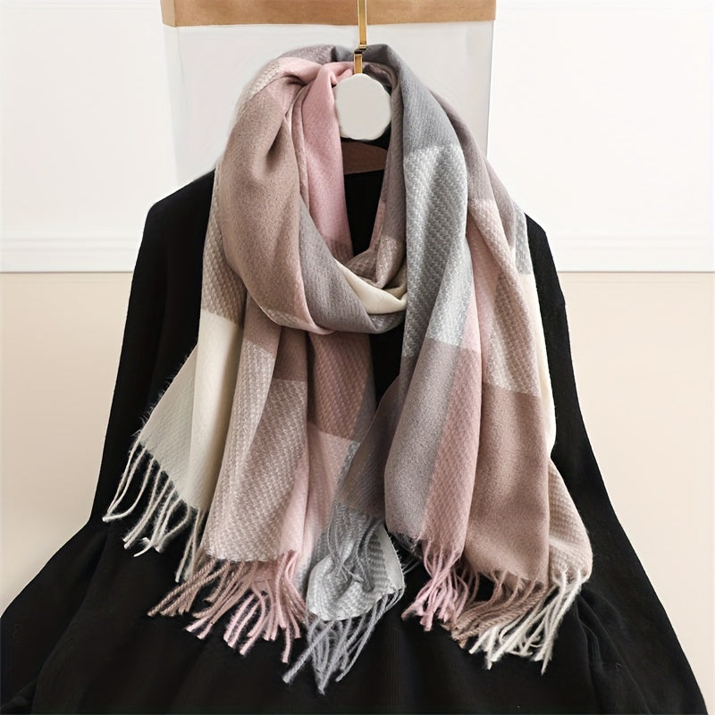 Chal con flecos para otoño e invierno, unisex, de imitación cachemira a cuadros