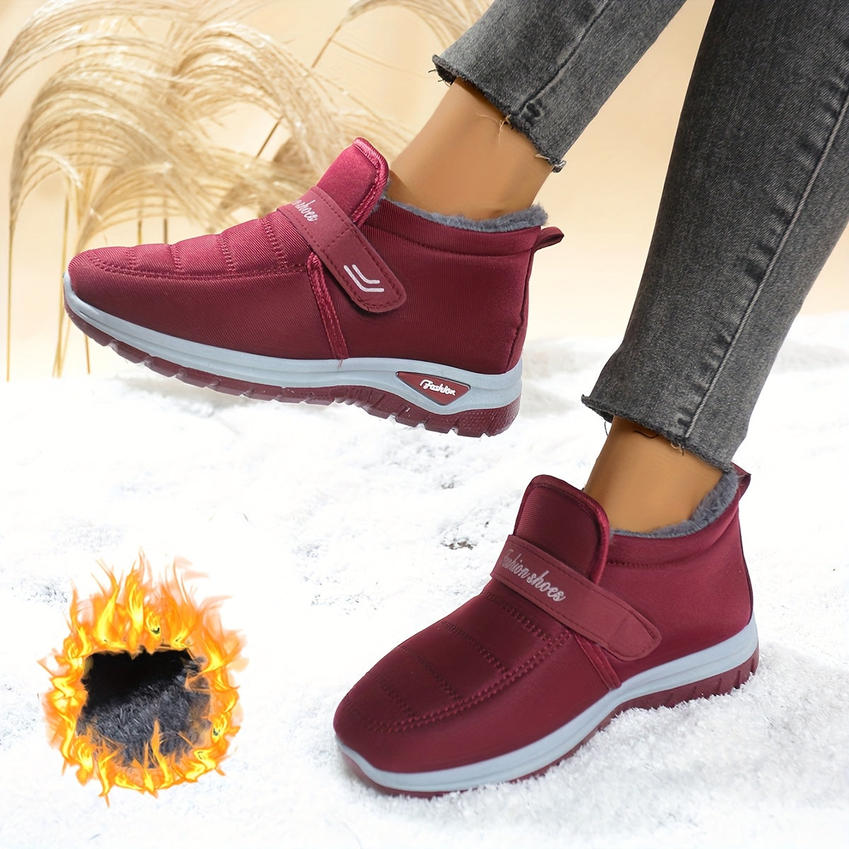 Women's Winter Ankle Boots Slip-On Non-Slip PVC Warm Lightweight Burgundy Black