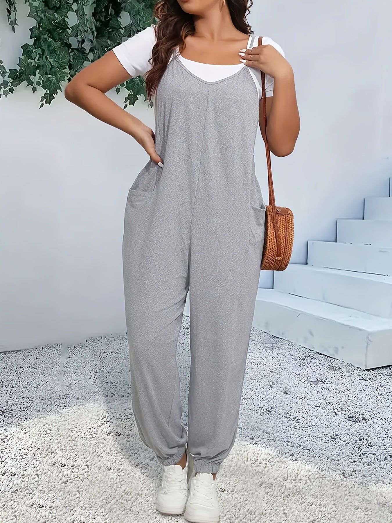 Women's Plus Size Red V-Neck Jumpsuit with Pockets Sleeveless Wide-Leg