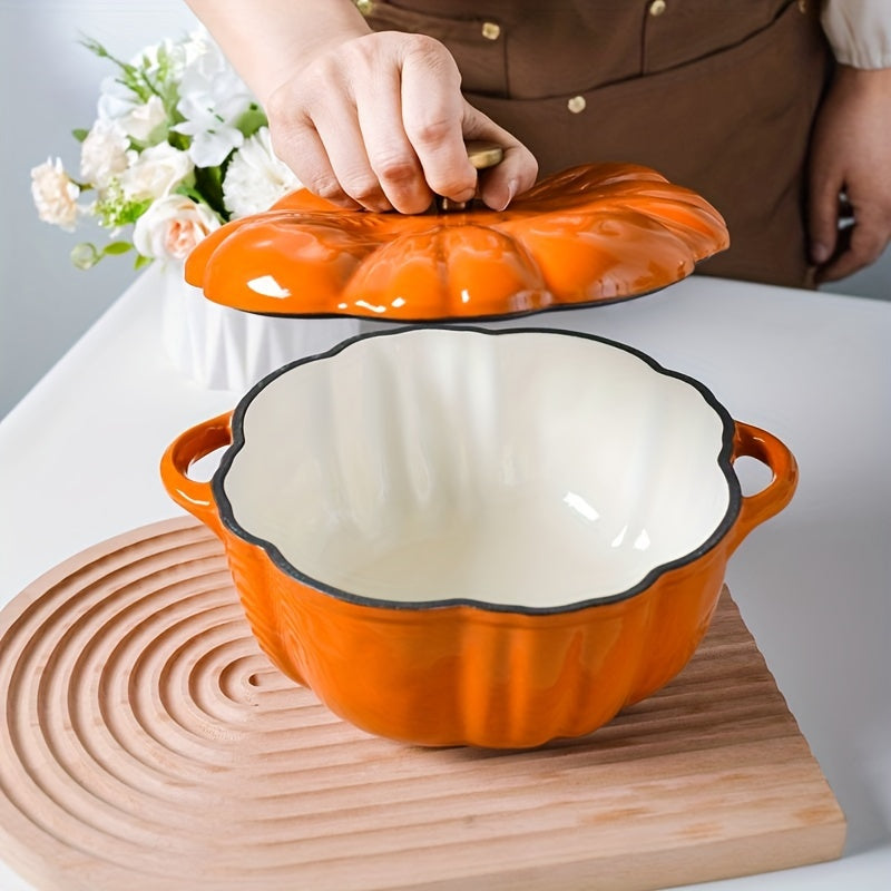 Enamel Pumpkin-Shaped Braiser Casserole with Lid Cast Iron Soup Pot
