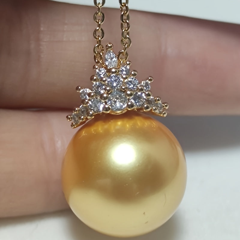Gold-Plated Shell Pearl Necklace with 16mm Yellow Pearl 18-Inch Chain Gift for Mom