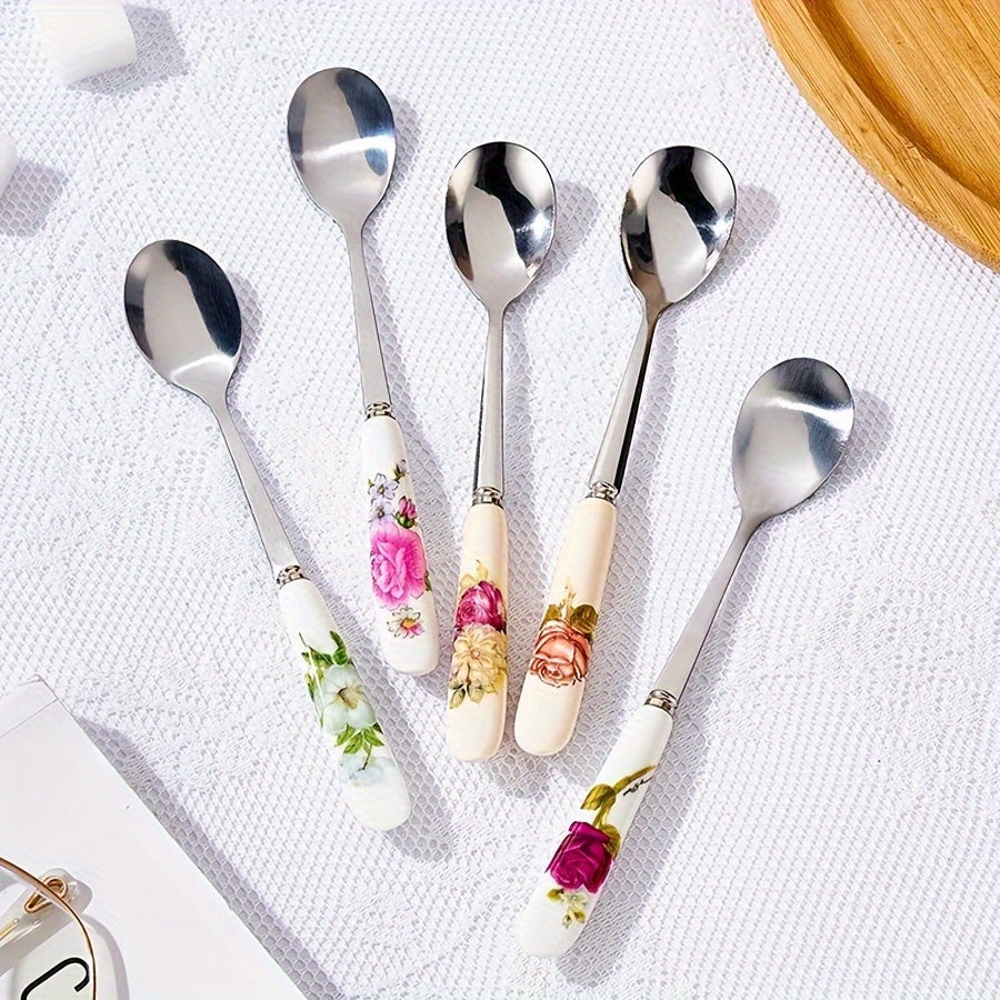 Set of 6 Floral Ceramic Handle Coffee Spoons with Stainless Steel, Stirring and Scooping