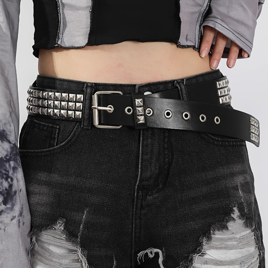 Women's Punk Style Rivet PU Leather Belt with Metal Buckle for Jeans
