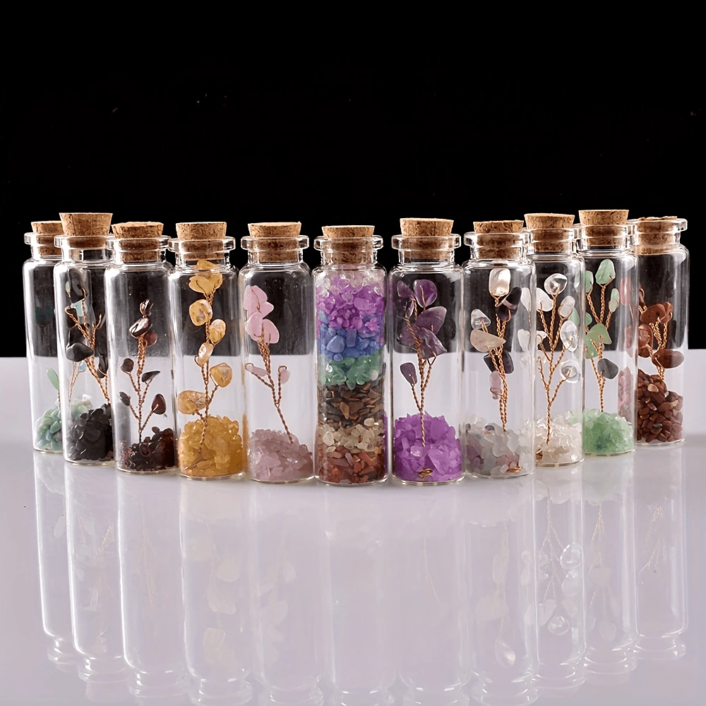 Botella de deseos de cristal con cristales naturales y árbol de la suerte para meditación y decoración