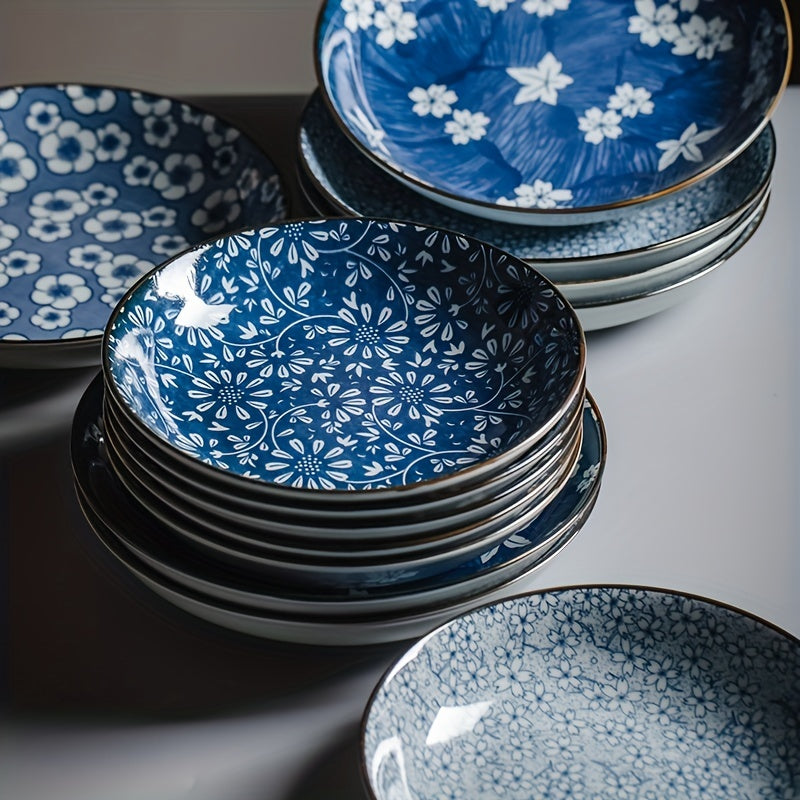 Ceramic Dinner Plates Set Blue and White Flower Pattern 20.32 cm for Salad Pasta Appetizers
