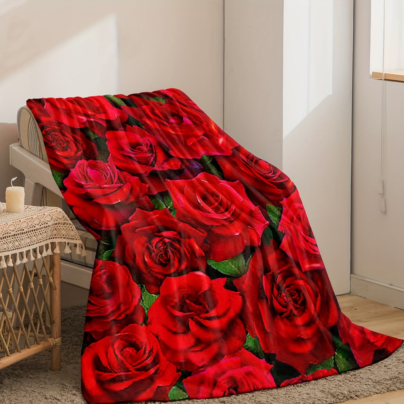 Red Rose Print Flannel Throw Blanket Cozy Warm Gift for Couch Bed or Travel