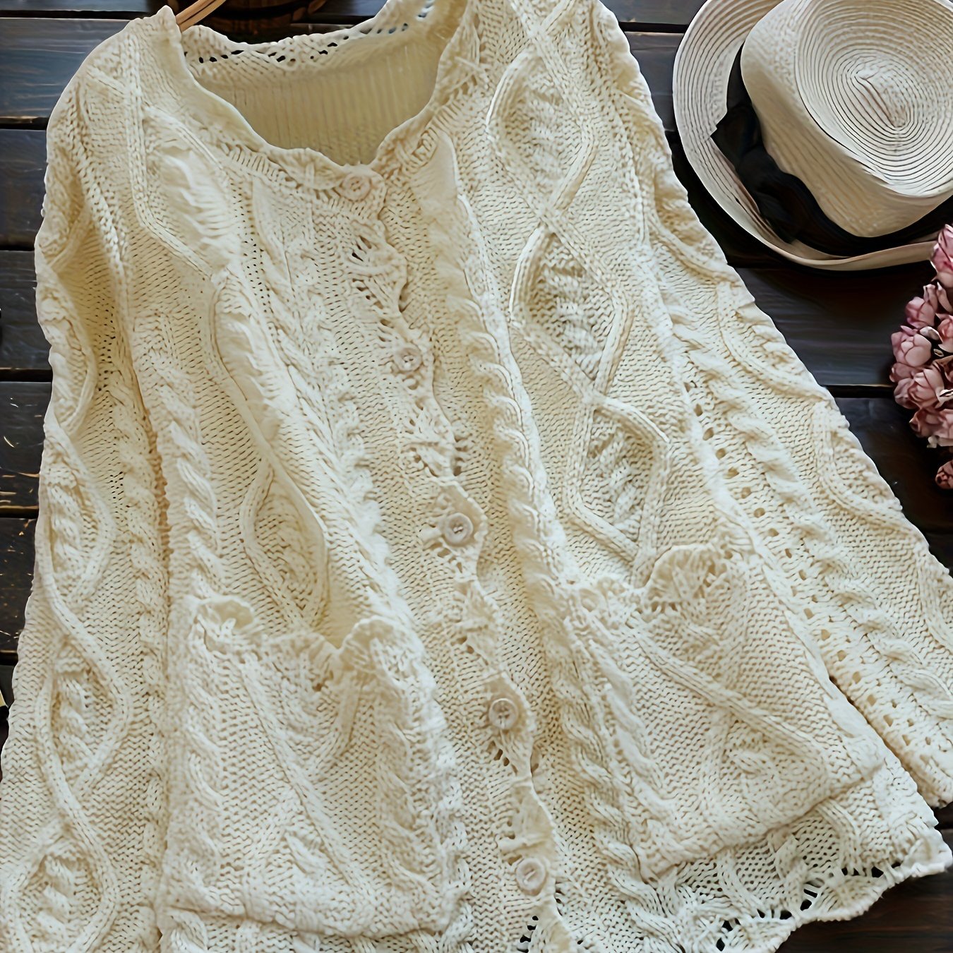 Women's Light Blue Casual Knit Cardigan with Lace Detailing and Round Neck