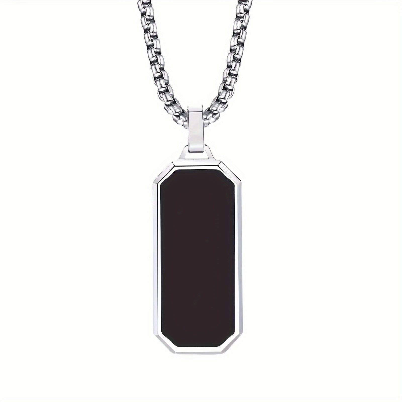 Men's Stainless Steel Necklace with Black Enamel Geometric Pendant