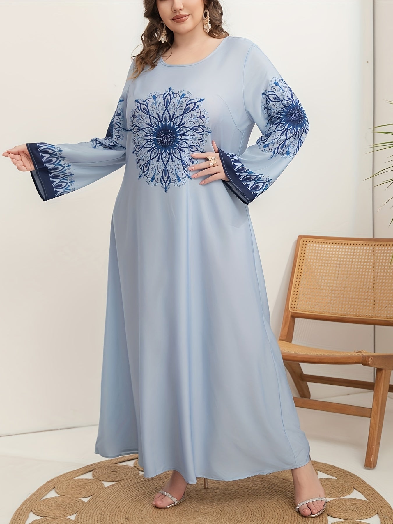 Women's Blue Floral Print Loose Fit Long Sleeve Dress All-Season Casual