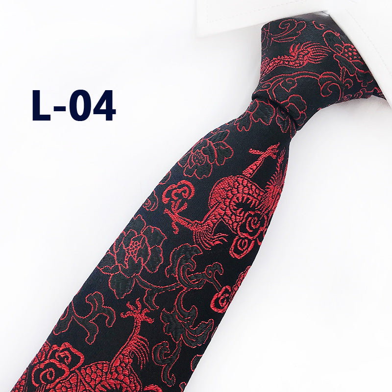 Men's Silk Tie with Hand-Embroidered Chinese Dragon and Peony Design