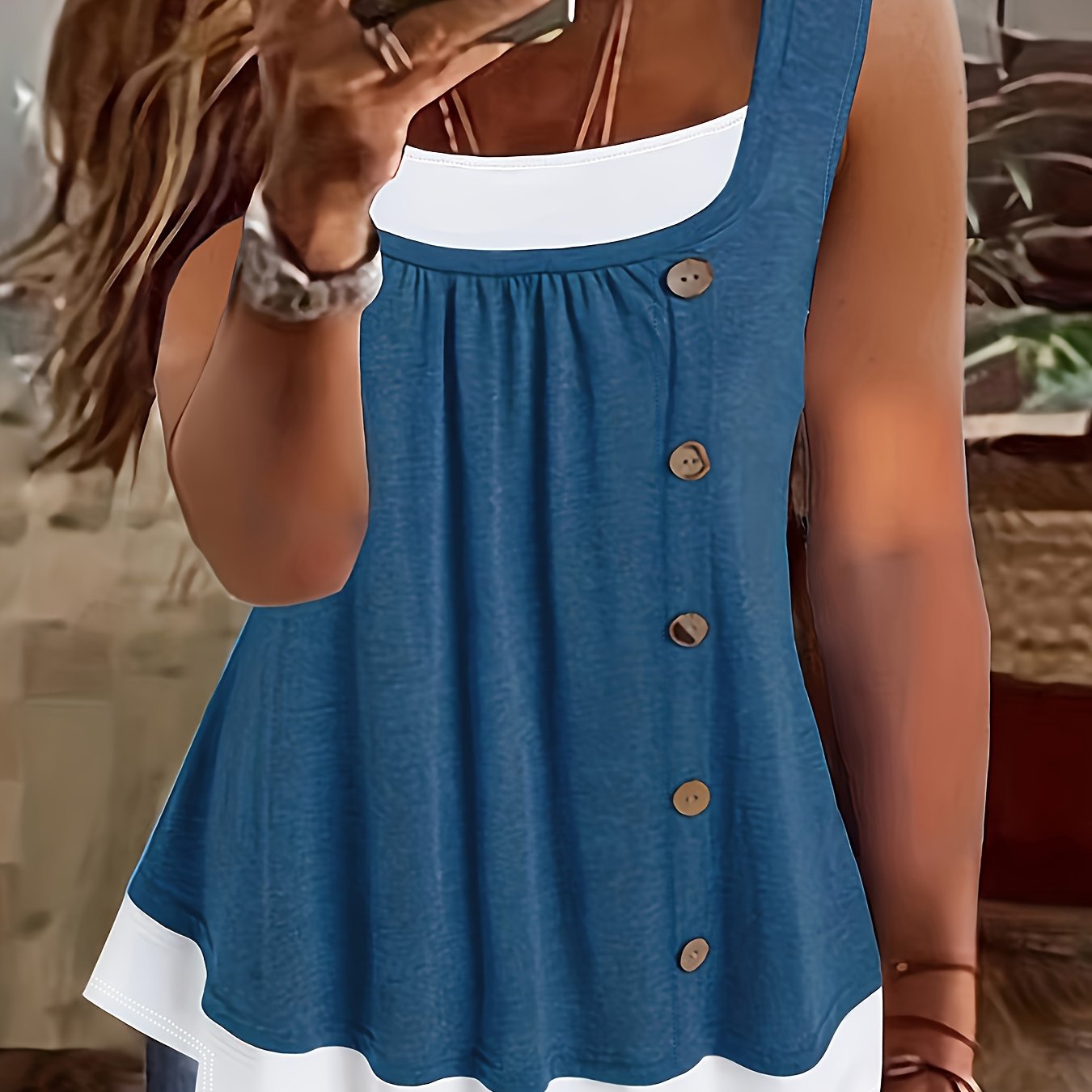 Plus Size Sleeveless Tank Top Casual Button Decor Summer Womens Clothing