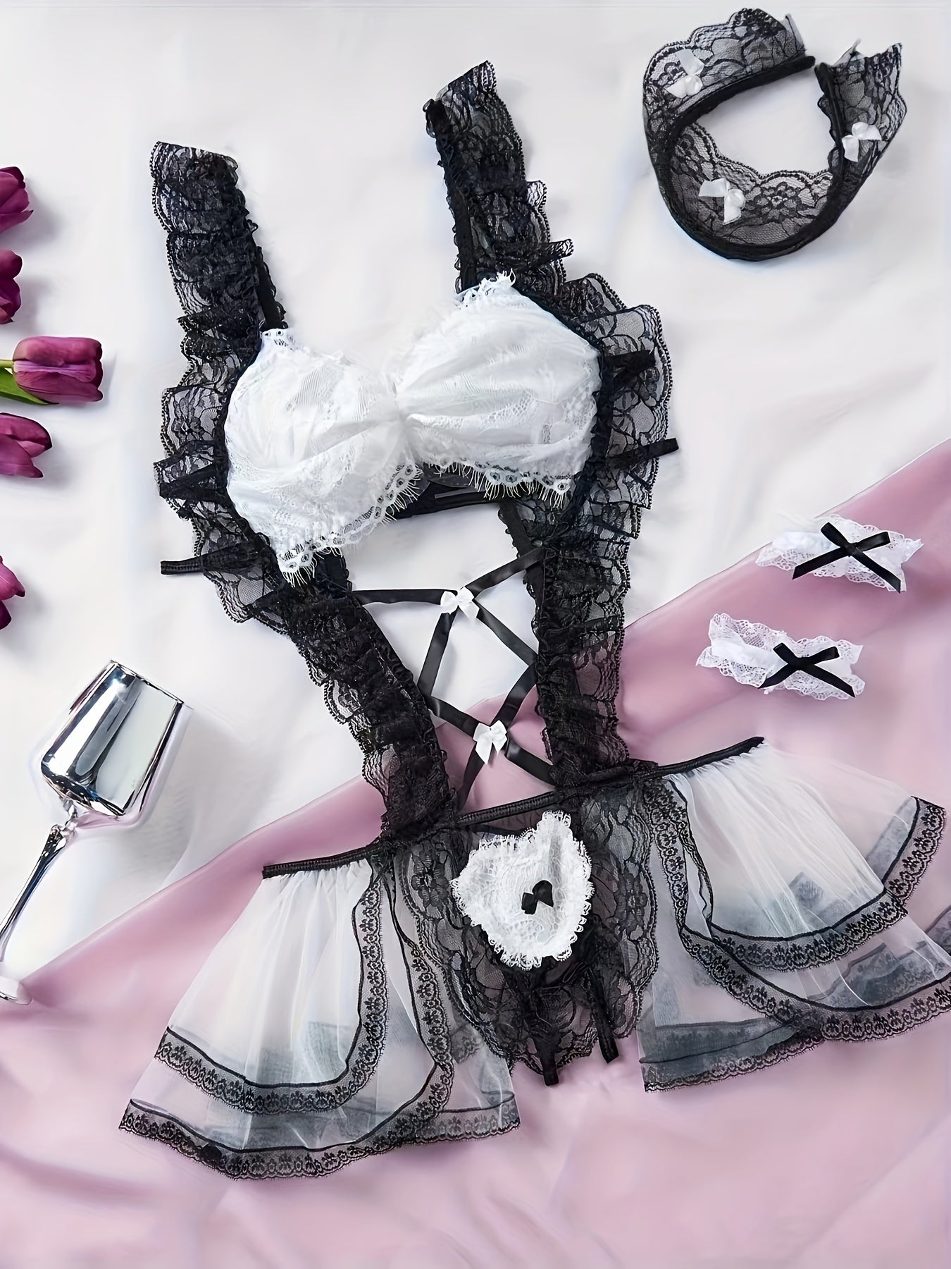 Sexy Lingerie Maid Uniform for Women Black Satin Costume