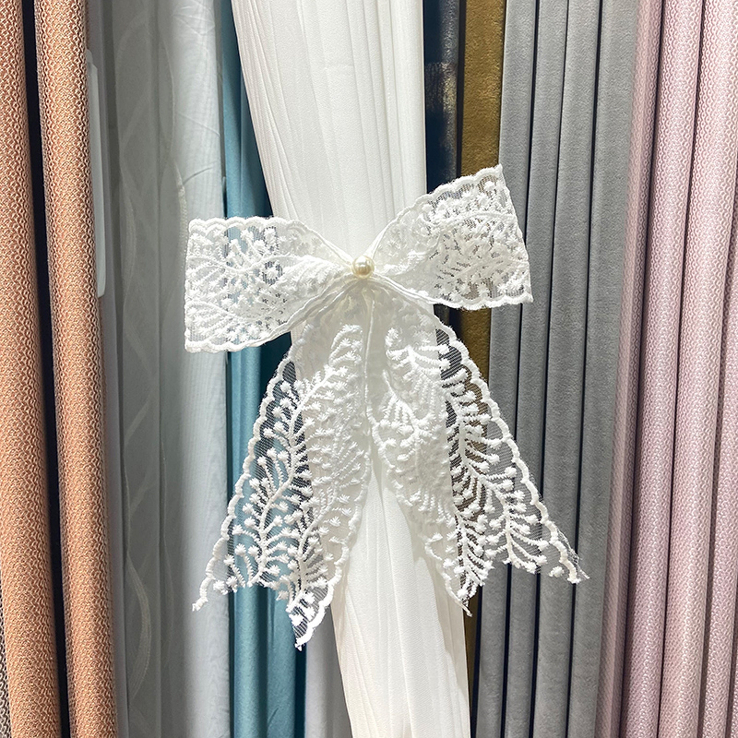 Set of 2 Lace Bow Curtain Tiebacks Adjustable Polyester Holdbacks for Heavy and Sheer Drapes