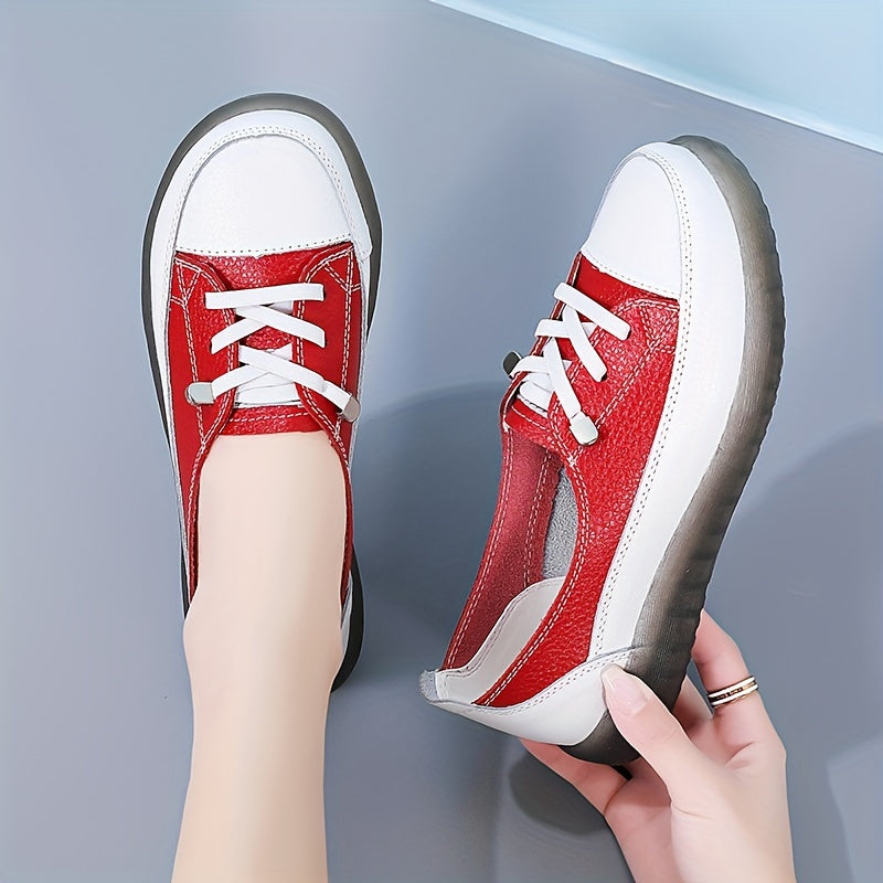 Women's Synthetic Leather Sneakers All-Season Lightweight Non-Slip Casual Shoes in White Red Black