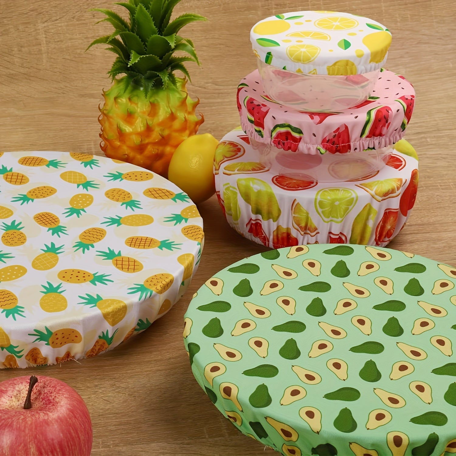 Set of 5 Elastic Polyester Bowl Covers, Stretchy and Reusable Fabric Lids for Food Storage, Perfect for Kitchen Jars and Containers, Safe for Food Contact, Various Designs Included