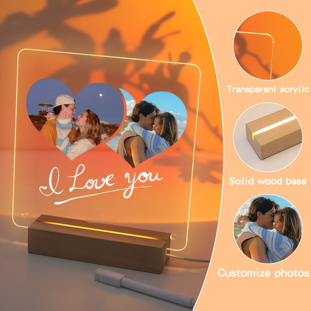 Customizable LED Light Acrylic Photo Frame with Transparent Love Heart Design for Gifts