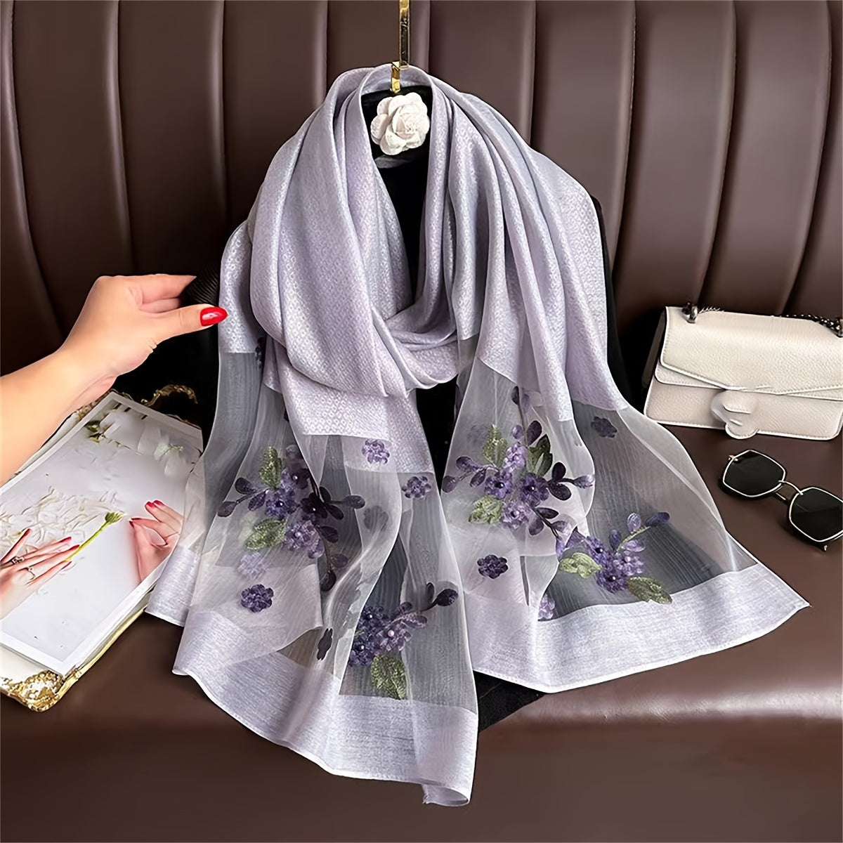 Women's Travel Scarf Flower Embroidered Sun Protection Lightweight Breathable