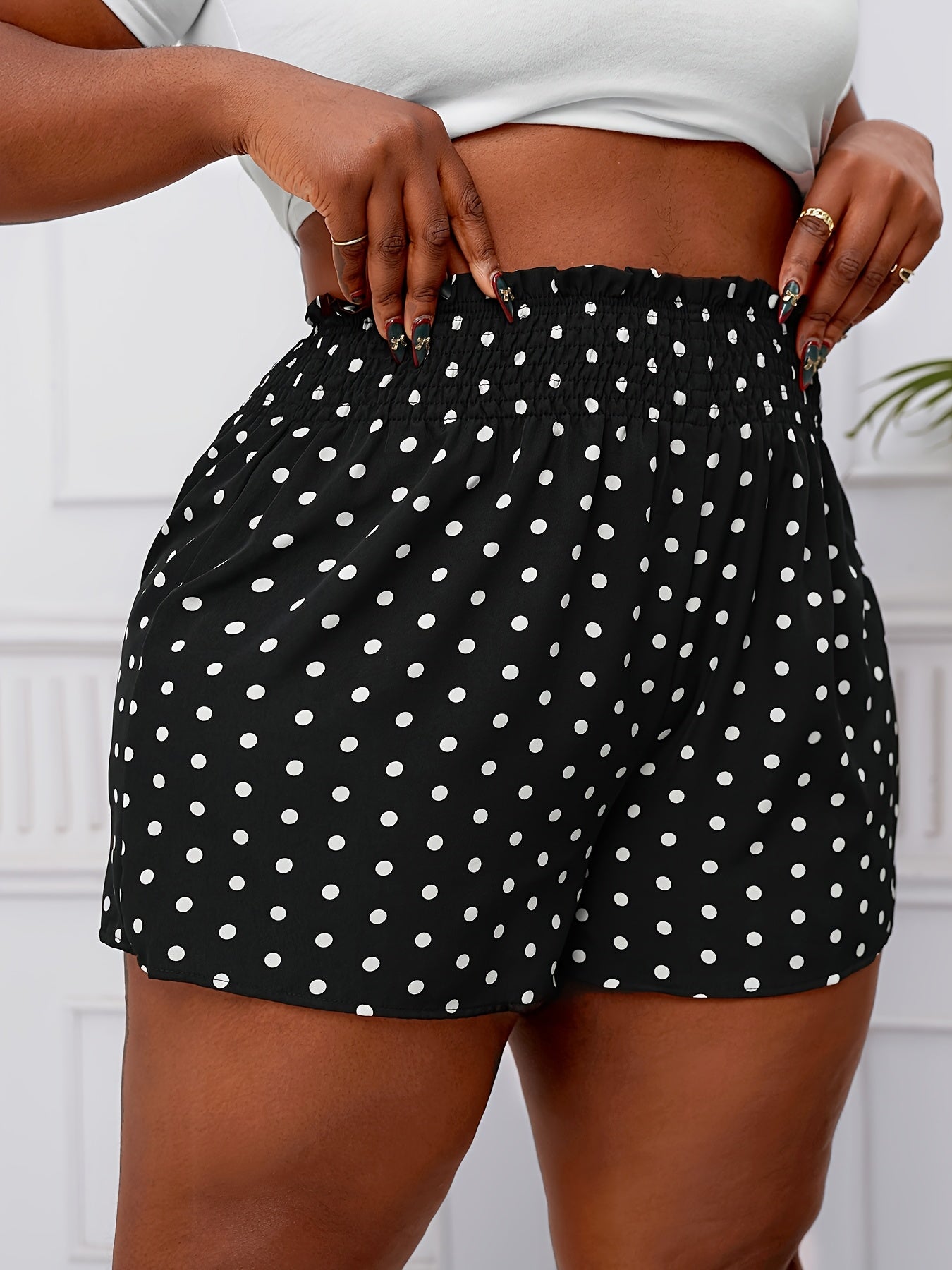 Шорты для женщин больших размеров с принтом в горошек, высокая талия, расклешённый силуэт, из неэластичного полиэстера