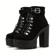 Women's Black Platform Block Heel Ankle Boots, Lace Up Buckle Strap, Fashion Party Motorcycle Style