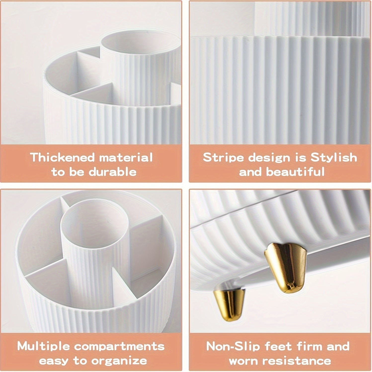 360° aylanish va cho'tkalar, lab bo'yoqlari va kansteynerlar uchun 5 ta bo'limga ega bo'lgan makiyaj cho'tkasi tashkilotchisi. Gippoallergen plastikdan tayyorlangan.