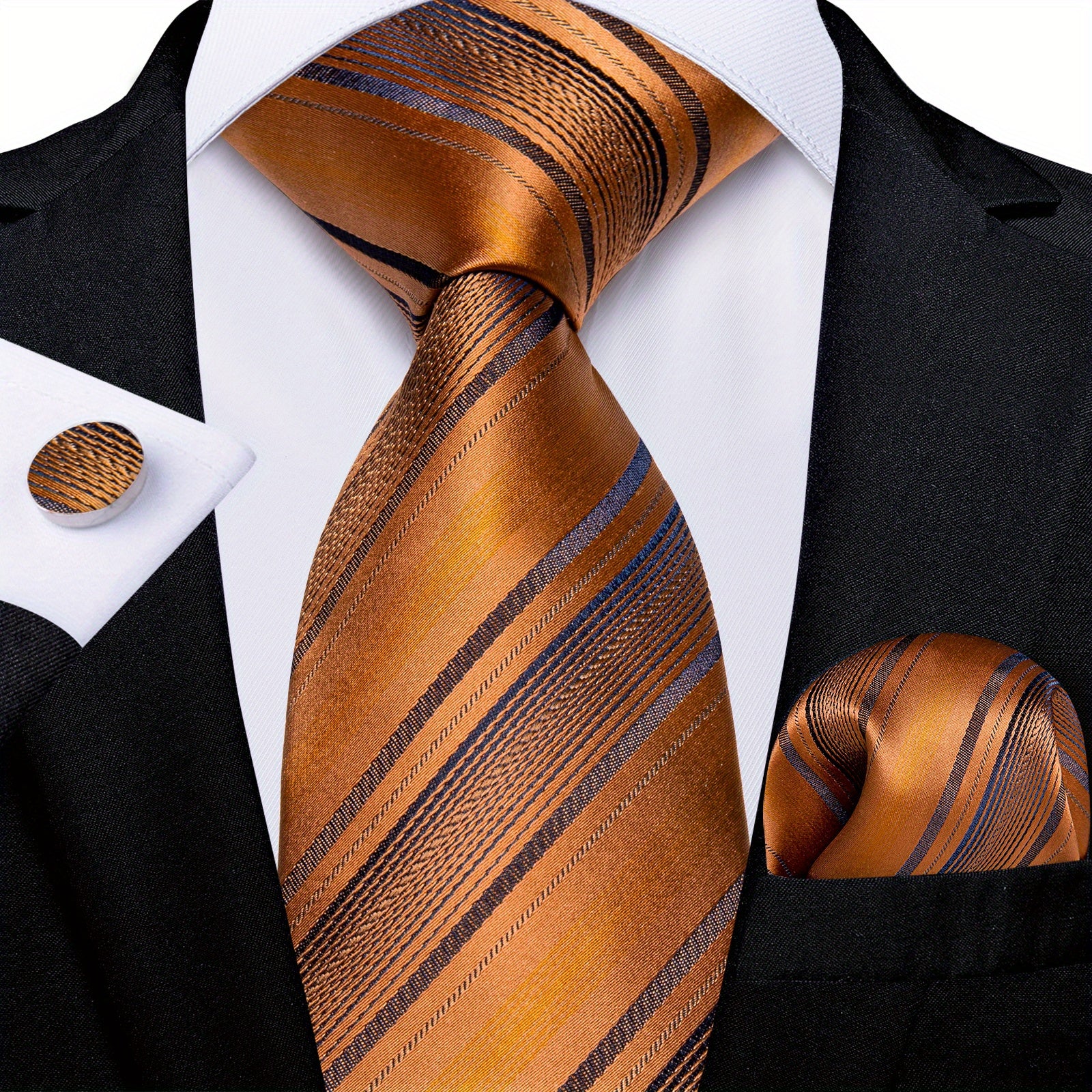 Men's Striped Necktie Set with Handkerchief and Cufflinks for Weddings and Business