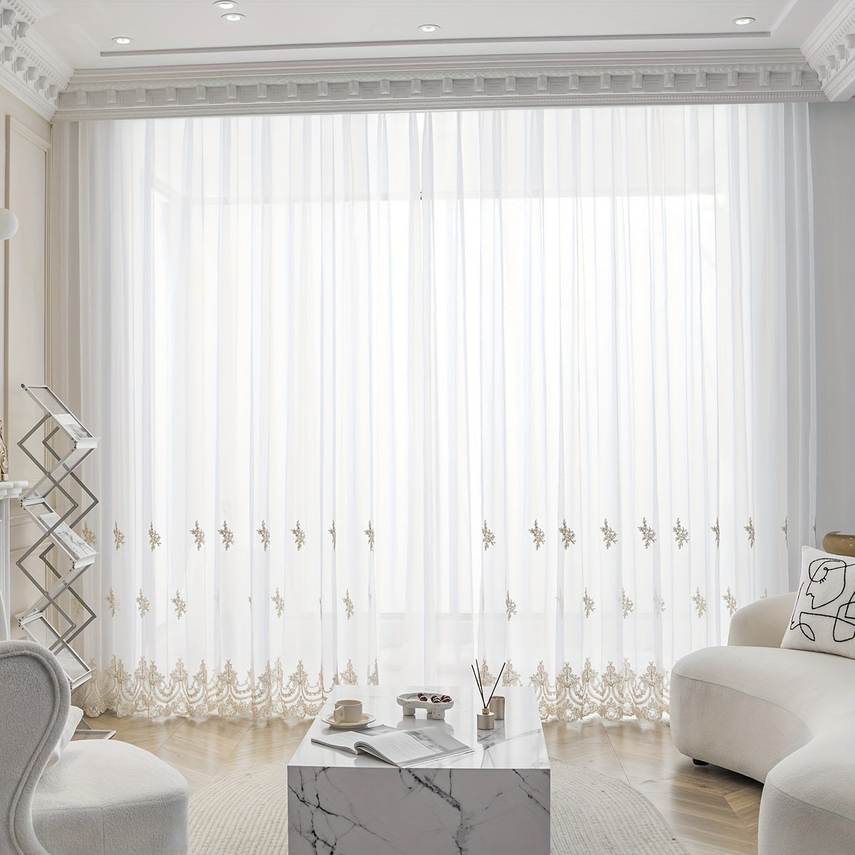 Sheer French-Style Embroidered Curtain with Small Flowers White Translucent Living Room Bedroom