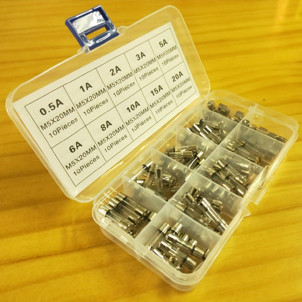 100-Piece Glass Fuse Assortment Kit 5x20mm 0.2A–20A for Electronics