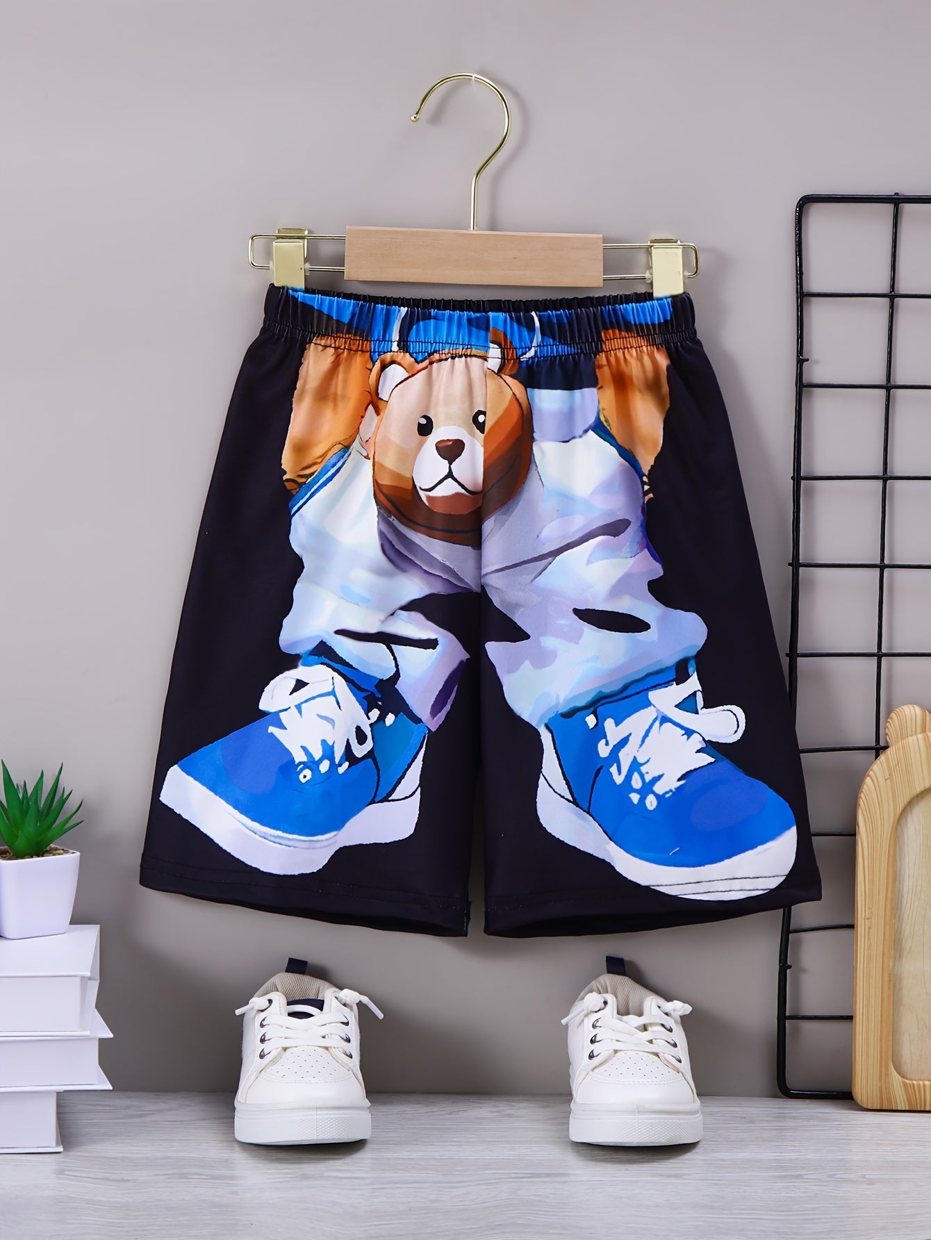 Boys Summer Casual Outfit with Bear Print Top and Shorts Polyester Spandex