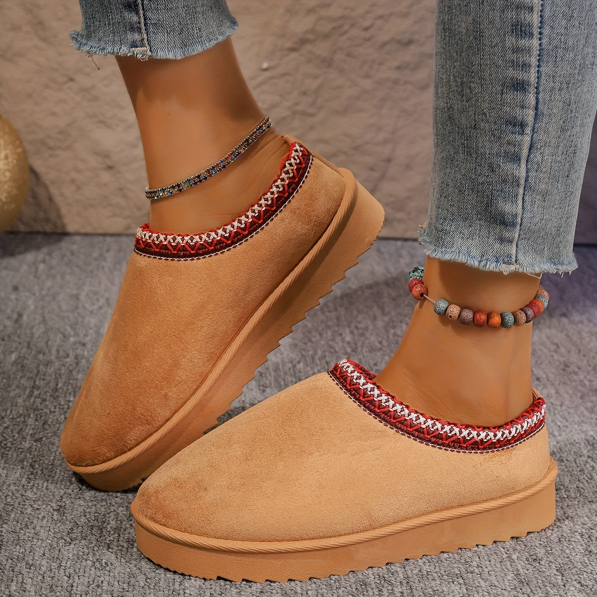 Women's Flannel Ankle Booties Casual Slip-on Round Toe Flat Heel Loafers